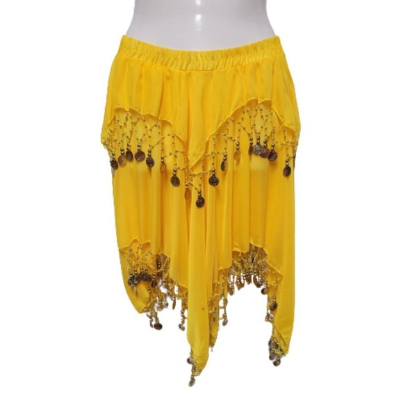 Kids or Teens Dance Skirt Yellow Sheer Party Skirt with Gold Beads and Coins - Picture 1 of 5